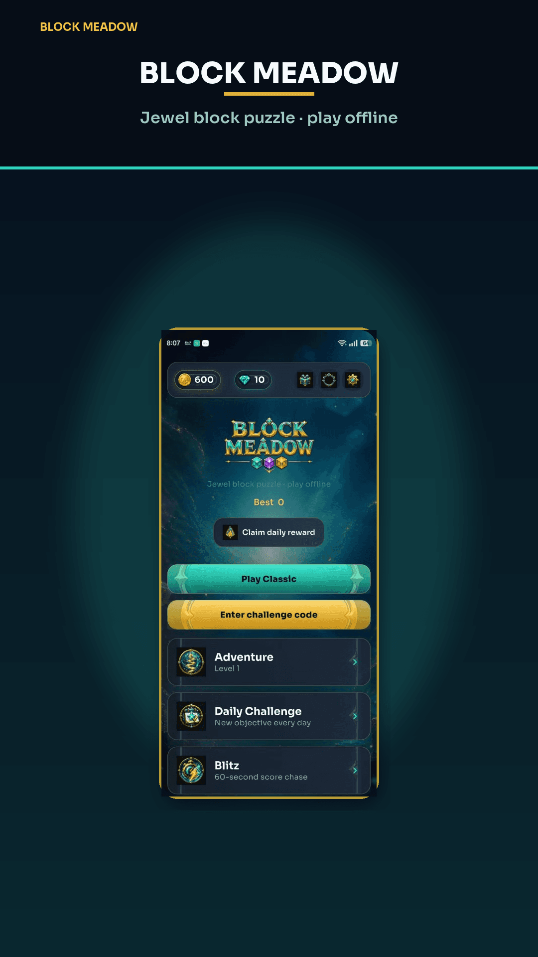 Block Meadow home screen with Classic, Adventure, Daily, and Blitz block puzzle modes