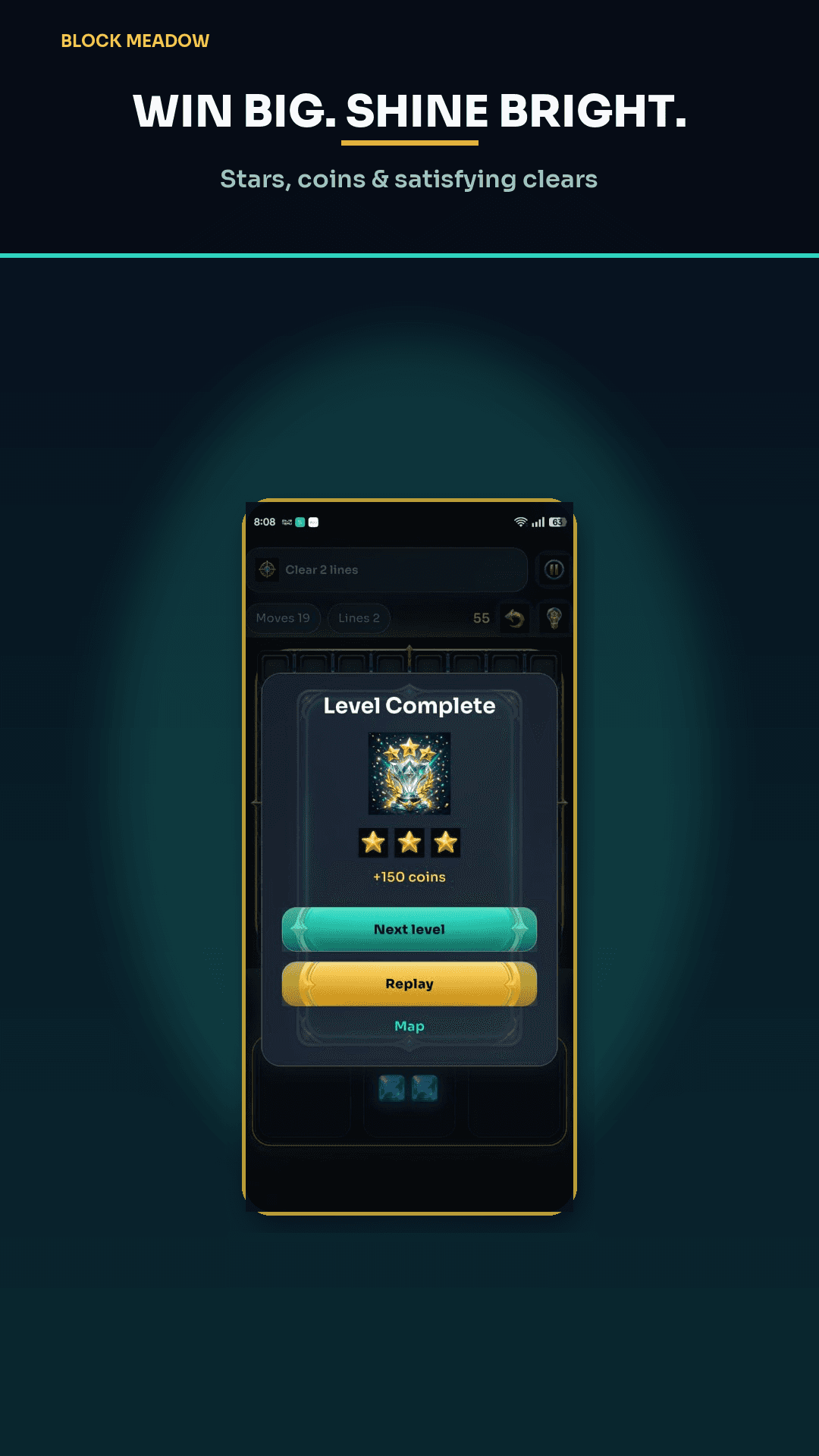 Block Meadow level complete screen after clearing a block puzzle goal